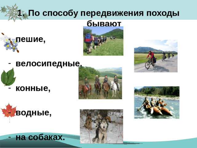 По способу передвижения походы бывают  пешие,  велосипедные,  конные,  водные,  на собаках.