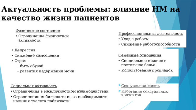 Актуальность проблемы: влияние НМ на качество жизни пациентов Физическое состояние Ограничение физической активности Профессиональная деятельность Уход с работы Снижение работоспособности Психологический дискомфорт Депрессия Снижение самооценки Страх быть обузой развития недержания мочи быть обузой развития недержания мочи появление запаха мочи появление запаха мочи Семейные отношения Специальное нижнее и постельное белье Использование прокладок Социальная активность Сексуальная жизнь Избегание сексуальных контактов Ограничения в межличностном взаимодействии Ограничение мобильности из-за необходимости наличия туалета поблизости