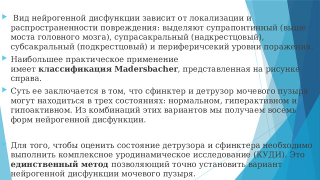   Вид нейрогенной дисфункции зависит от локализации и распространенности повреждения: выделяют супрапонтинный (выше моста головного мозга), супрасакральный (надкрестцовый), субсакральный (подкрестцовый) и периферичсекий уровни поражения. Наибольшее практическое применение имеет  классификация   Madersbacher , представленная на рисунке справа. Суть ее заключается в том, что сфинктер и детрузор мочевого пузыря могут находиться в трех состояниях: нормальном, гиперактивном и гипоактивном. Из комбинаций этих вариантов мы получаем восемь форм нейрогенной дисфункции. Для того, чтобы оценить состояние детрузора и сфинктера необходимо выполнить комплексное уродинамическое исследование (КУДИ). Это единственный метод позволяющий точно установить вариант нейрогенной дисфункции мочевого пузыря.