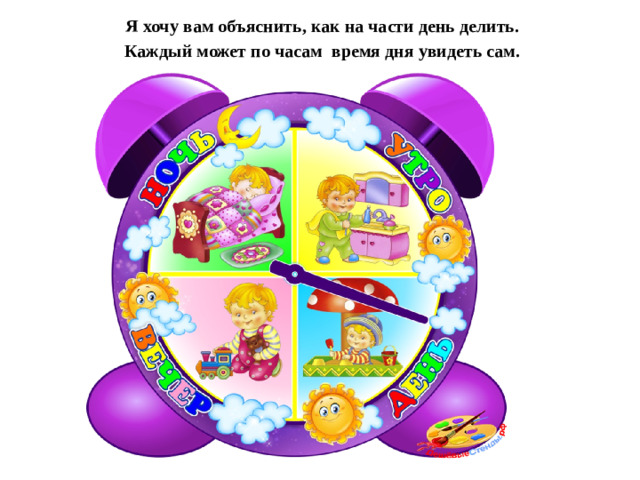 Я хочу вам объяснить, как на части день делить. Каждый может по часам время дня увидеть сам.