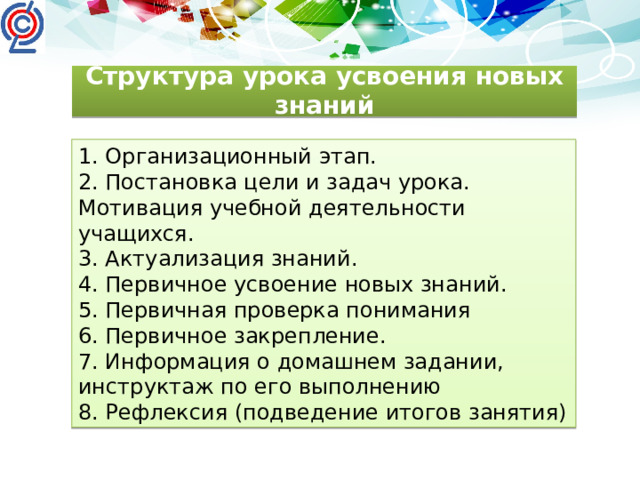Структура урока усвоения новых знаний 1. Организационный этап. 2. Постановка цели и задач урока. Мотивация учебной деятельности учащихся. 3. Актуализация знаний. 4. Первичное усвоение новых знаний. 5. Первичная проверка понимания 6. Первичное закрепление. 7. Информация о домашнем задании, инструктаж по его выполнению 8. Рефлексия (подведение итогов занятия)