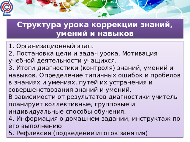 Структура урока коррекции знаний, умений и навыков 1. Организационный этап. 2. Постановка цели и задач урока. Мотивация учебной деятельности учащихся. 3. Итоги диагностики (контроля) знаний, умений и навыков. Определение типичных ошибок и пробелов в знаниях и умениях, путей их устранения и совершенствования знаний и умений. В зависимости от результатов диагностики учитель планирует коллективные, групповые и индивидуальные способы обучения. 4. Информация о домашнем задании, инструктаж по его выполнению 5. Рефлексия (подведение итогов занятия)