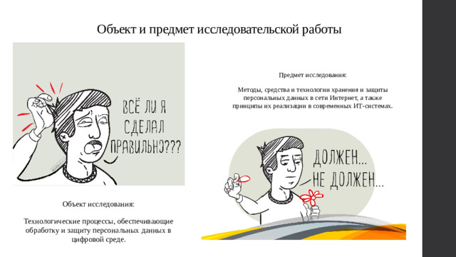 Объект и предмет исследовательской работы Предмет исследования: Методы, средства и технологии хранения и защиты персональных данных в сети Интернет, а также принципы их реализации в современных ИТ-системах. Объект исследования: Технологические процессы, обеспечивающие обработку и защиту персональных данных в цифровой среде.