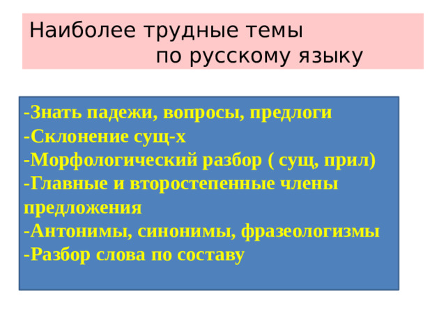 Наиболее трудные темы по русскому языку  -Знать падежи, вопросы, предлоги  -Склонение сущ-х  -Морфологический разбор ( сущ, прил)  -Главные и второстепенные члены предложения  -Антонимы, синонимы, фразеологизмы  -Разбор слова по составу    Внетабличное умножение и деление Находить площадь и периметр прямоугольника и квадрата Порядок выполнений действий со скобками и без Решение арифметических задач