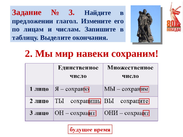 Задание № 3. Найдите в предложении глагол. Измените его по лицам и числам. Запишите в таблицу. Выделите окончания. 2. Мы мир навеки сохраним!