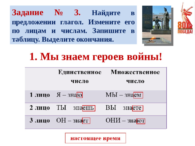 Задание № 3. Найдите в предложении глагол. Измените его по лицам и числам. Запишите в таблицу. Выделите окончания. 1. Мы знаем героев войны!