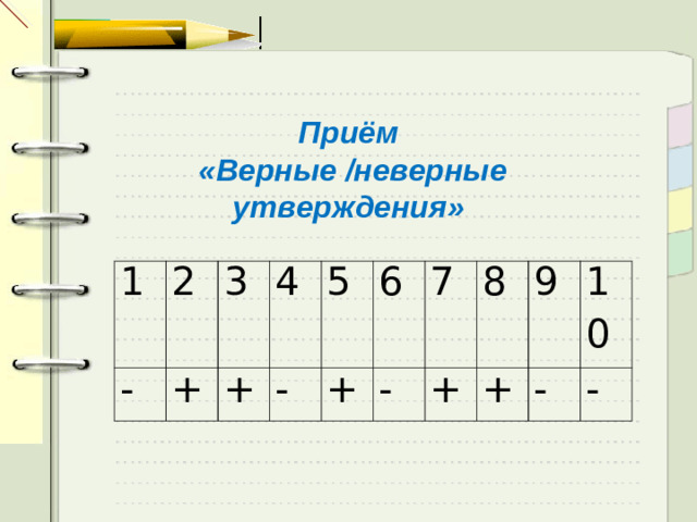 Приём  «Верные /неверные утверждения» 1 - 2 + 3 4 + 5 - + 6 7 - 8 + + 9 - 10 -