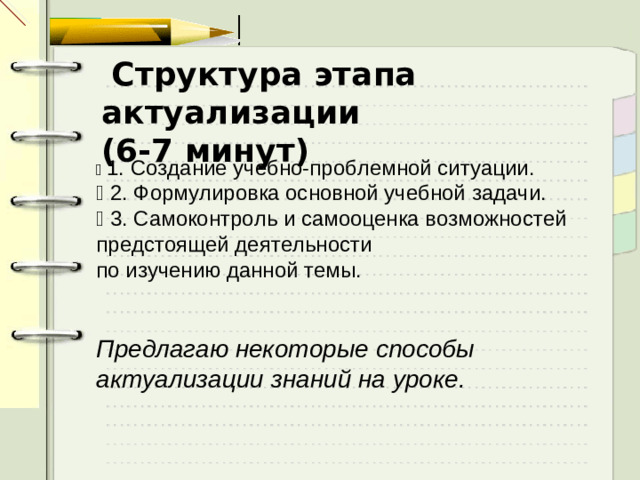 Структура этапа актуализации (6-7 минут)  1. Создание учебно-проблемной ситуации.  2. Формулировка основной учебной задачи.  3. Самоконтроль и самооценка возможностей предстоящей деятельности по изучению данной темы. Предлагаю некоторые способы актуализации знаний на уроке.