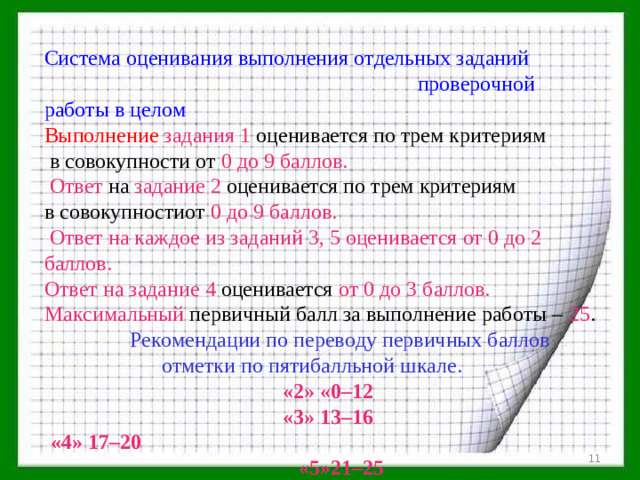 Система оценивания выполнения отдельных заданий проверочной работы в целом Выполнение  задания 1 оценивается по трем критериям  в совокупности от 0 до 9 баллов.  Ответ на задание 2 оценивается по трем критериям в совокупностиот 0 до 9 баллов.  Ответ на каждое из заданий 3, 5 оценивается от 0 до 2 баллов. Ответ на задание 4 оценивается от 0 до 3 баллов. Максимальный первичный балл за выполнение работы – 25 .  Рекомендации по переводу первичных баллов  отметки по пятибалльной шкале.  «2» «0–12  «3» 13–16  «4» 17–20 «5»21–25