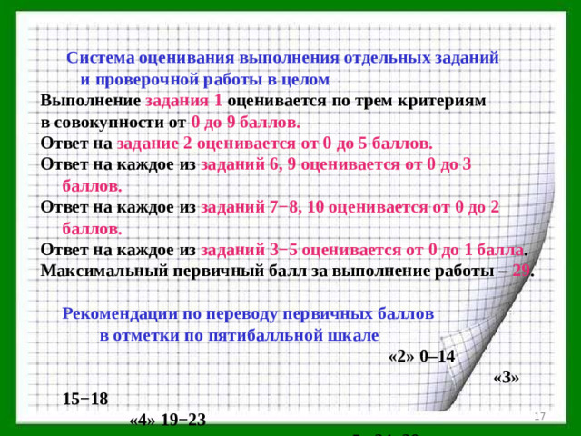 Система оценивания выполнения отдельных заданий  и проверочной работы в целом Выполнение задания 1 оценивается по трем критериям в совокупности от 0 до 9 баллов. Ответ на задание 2 оценивается от 0 до 5 баллов. Ответ на каждое из заданий 6, 9 оценивается от 0 до 3 баллов. Ответ на каждое из заданий 7−8, 10 оценивается от 0 до 2 баллов. Ответ на каждое из заданий 3−5 оценивается от 0 до 1 балла . Максимальный первичный балл за выполнение работы – 29 .  Рекомендации по переводу первичных баллов  в отметки по пятибалльной шкале  «2» 0–14 «3» 15−18  «4» 19−23  «5» 24−29