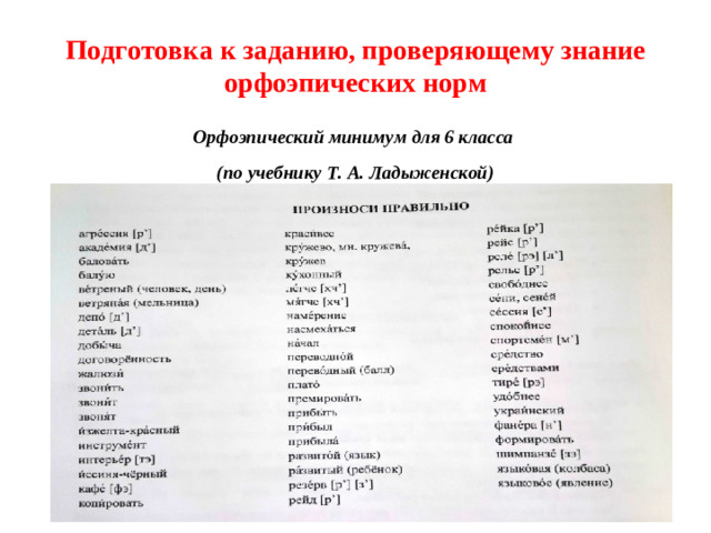 Подготовка к заданию, проверяющему знание орфоэпических норм Орфоэпический минимум для 6 класса (по учебнику Т. А. Ладыженской)