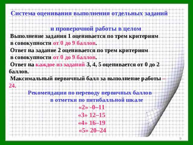 Система оценивания выполнения отдельных заданий  и проверочной работы в целом  Выполнение задания 1 оценивается по трем критериям  в совокупности от 0 до 9 баллов .  Ответ на задание 2 оценивается по трем критериям  в совокупности от 0 до 9 баллов .  Ответ на каждое из заданий 3, 4, 5 оценивается от 0 до 2 баллов.  Максимальный первичный балл за выполнение работы – 24.  Рекомендации по переводу первичных баллов  в отметки по пятибалльной шкале  «2» - 0–11  «3»  12–15  «4»  16–19   «5»  20–24