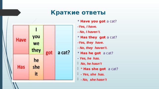 Краткие ответы * Have you got a cat? -Yes, I have. - No, I haven’t. * Has they got a cat? -Yes, they have. - No, they haven’t. * Has he got a cat? - Yes, he has.