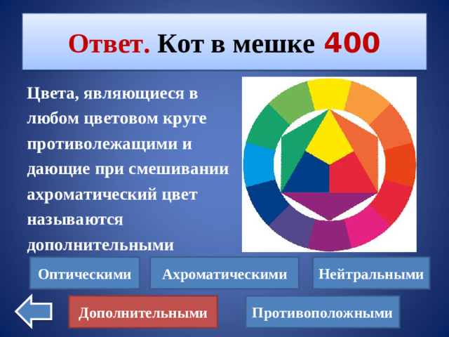 Ответ. Кот в мешке  400 Цвета, являющиеся в любом цветовом круге противолежащими и дающие при смешивании ахроматический цвет называются дополнительными Нейтральными Оптическими Ахроматическими Дополнительными Противоположными