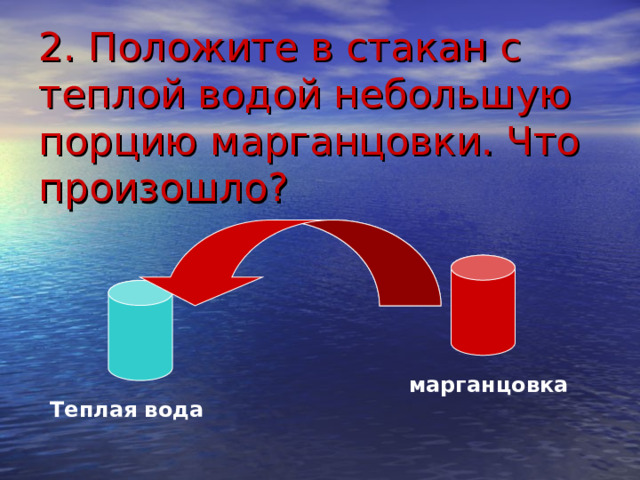 2. Положите в стакан с теплой водой небольшую порцию марганцовки. Что произошло? марганцовка Теплая вода