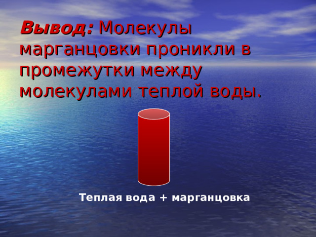 Вывод: Молекулы марганцовки проникли в промежутки между молекулами теплой воды. Теплая вода + марганцовка