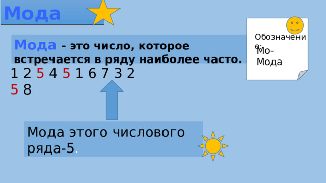 Мода Обозначение: Мода - это число, которое встречается в ряду наиболее часто. Mo -Мода 1 2 5 4 5 1 6 7 3 2 5 8 Мода этого числового ряда-5 .