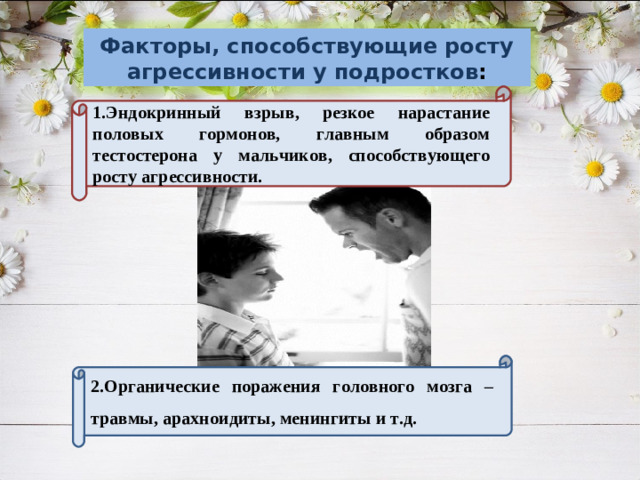 Факторы, способствующие росту агрессивности у подростков : 1.Эндокринный взрыв, резкое нарастание половых гормонов, главным образом тестостерона у мальчиков, способствующего росту агрессивности. 2.Органические поражения головного мозга – травмы, арахноидиты, менингиты и т.д.