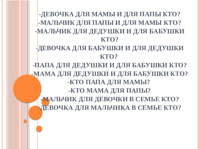 -Девочка для мамы и для папы кто?  -Мальчик для папы и для мамы кто?  -Мальчик для дедушки и для бабушки кто?  -Девочка для бабушки и для дедушки кто?  -Папа для дедушки и для бабушки кто?  -Мама для дедушки и для бабушки кто?  -Кто папа для мамы?  -Кто мама для папы?  -Мальчик для девочки в семье кто?  -Девочка для мальчика в семье кто?