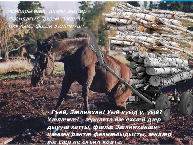 Æмбары бæх, ахæм æвзæр фæндагыл, ахæм тухæны никуыма фæци Зæлимхан. - Гъей, Зæлимхан! Уый куыд у, уый? Уæлæмæ! – æрцавта йæ ехсæй дæр дыууæ хатты, фæлæ Зæлимханæн цæвæн рантæ фезмæлыдысты, æндæр йæ сæр не схъил кодта.