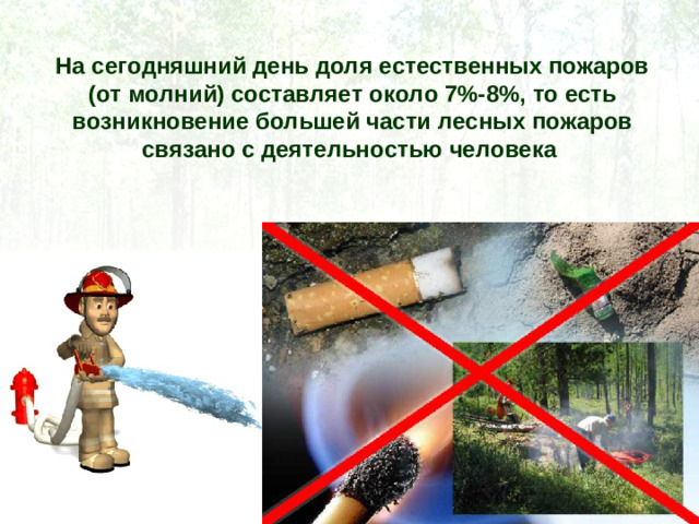 На сегодняшний день доля естественных пожаров (от молний) составляет около 7%-8%, то есть возникновение большей части лесных пожаров связано с деятельностью человека