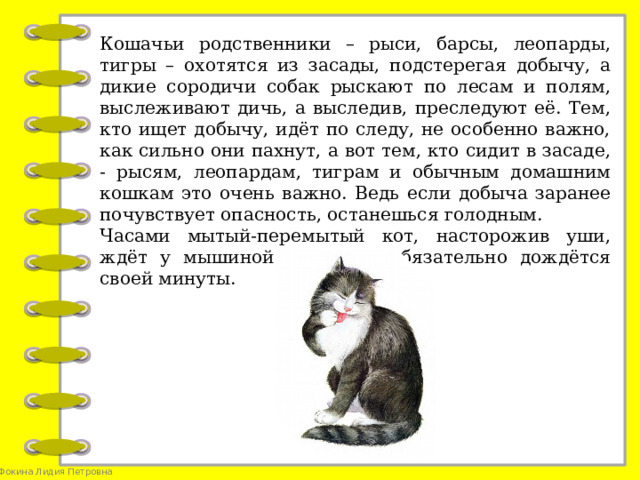 Кошачьи родственники – рыси, барсы, леопарды, тигры – охотятся из засады, подстерегая добычу, а дикие сородичи собак рыскают по лесам и полям, выслеживают дичь, а выследив, преследуют её. Тем, кто ищет добычу, идёт по следу, не особенно важно, как сильно они пахнут, а вот тем, кто сидит в засаде, - рысям, леопардам, тиграм и обычным домашним кошкам это очень важно. Ведь если добыча заранее почувствует опасность, останешься голодным. Часами мытый-перемытый кот, насторожив уши, ждёт у мышиной норки. И обязательно дождётся своей минуты.