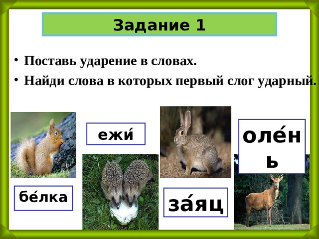 Задание 1 Поставь ударение в словах. Найди слова в которых первый слог ударный. оле ́ нь ежи ́ бе ́ лка за ́ яц