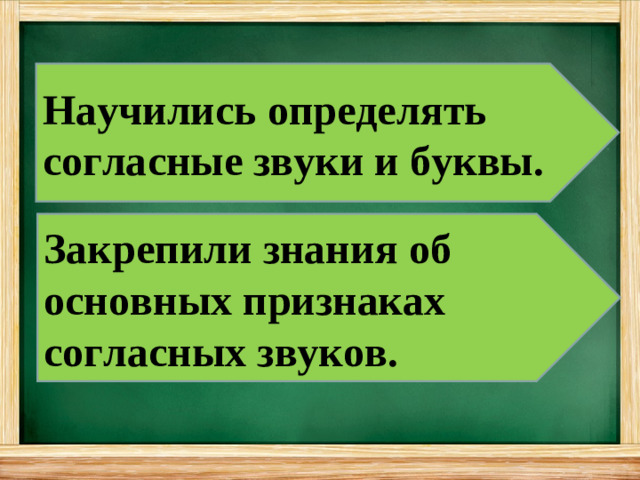 Научились определять согласные звуки и буквы. Закрепили знания об основных признаках согласных звуков.