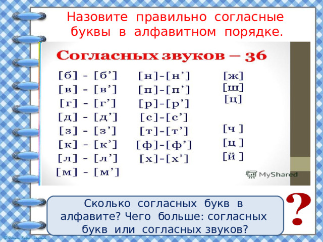 Назовите правильно согласные буквы в алфавитном порядке. Сколько согласных букв в алфавите? Чего больше: согласных букв или согласных звуков?