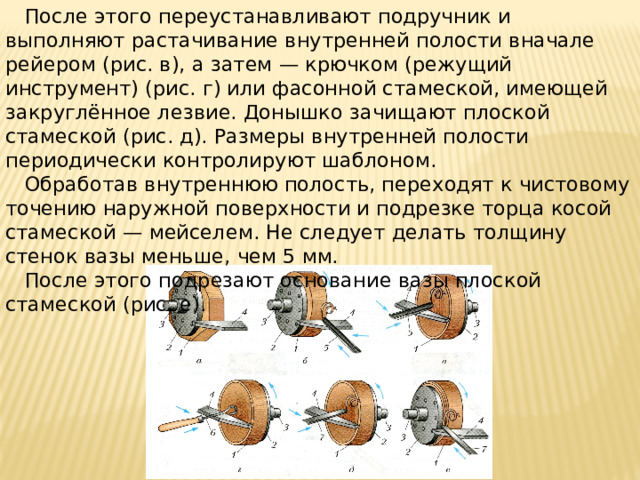 После этого переустанавливают подручник и выполняют растачивание внутренней полости вначале рейером (рис. в), а затем — крючком (режущий инструмент) (рис. г) или фасонной стамеской, имеющей закруглённое лезвие. Донышко зачищают плоской стамеской (рис. д). Размеры внутренней полости периодически контролируют шаблоном.  Обработав внутреннюю полость, переходят к чистовому точению наружной поверхности и подрезке торца косой стамеской — мейселем. Не следует делать толщину стенок вазы меньше, чем 5 мм.  После этого подрезают основание вазы плоской стамеской (рис. е).