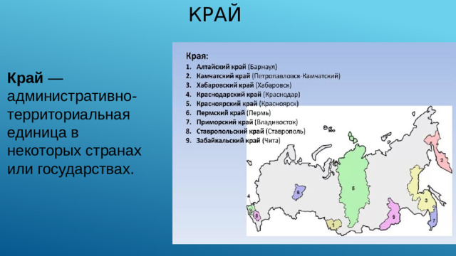 Край Край  — административно-территориальная единица в некоторых странах или государствах.
