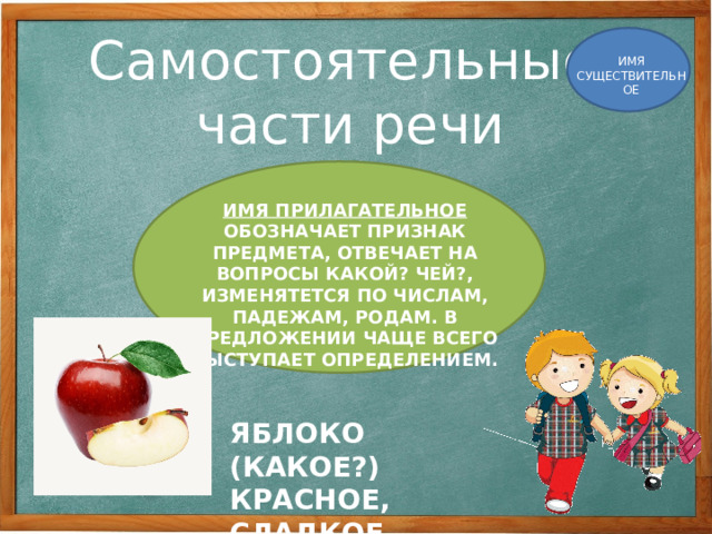 Самостоятельные части речи ИМЯ СУЩЕСТВИТЕЛЬНОЕ ИМЯ ПРИЛАГАТЕЛЬНОЕ ОБОЗНАЧАЕТ ПРИЗНАК ПРЕДМЕТА, ОТВЕЧАЕТ НА ВОПРОСЫ КАКОЙ? ЧЕЙ?, ИЗМЕНЯТЕТСЯ ПО ЧИСЛАМ, ПАДЕЖАМ, РОДАМ. В ПРЕДЛОЖЕНИИ ЧАЩЕ ВСЕГО ВЫСТУПАЕТ ОПРЕДЕЛЕНИЕМ. ЯБЛОКО (КАКОЕ?) КРАСНОЕ, СЛАДКОЕ, КИСЛОЕ