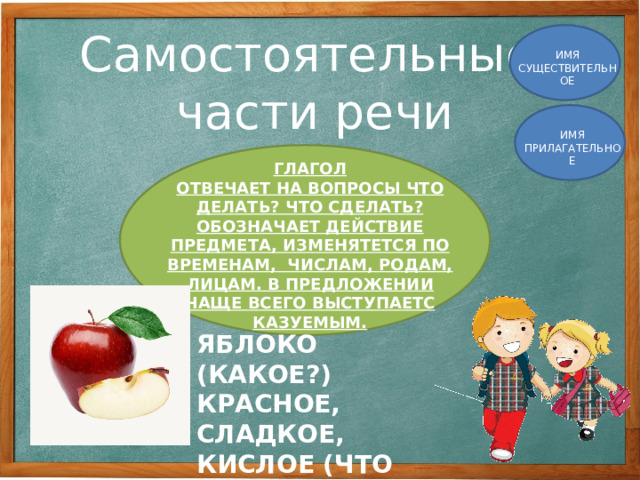 Самостоятельные части речи ИМЯ СУЩЕСТВИТЕЛЬНОЕ ИМЯ ПРИЛАГАТЕЛЬНОЕ ГЛАГОЛ ОТВЕЧАЕТ НА ВОПРОСЫ ЧТО ДЕЛАТЬ? ЧТО СДЕЛАТЬ? ОБОЗНАЧАЕТ ДЕЙСТВИЕ ПРЕДМЕТА, ИЗМЕНЯТЕТСЯ ПО ВРЕМЕНАМ, ЧИСЛАМ, РОДАМ, ЛИЦАМ. В ПРЕДЛОЖЕНИИ ЧАЩЕ ВСЕГО ВЫСТУПАЕТС КАЗУЕМЫМ. ЯБЛОКО (КАКОЕ?) КРАСНОЕ, СЛАДКОЕ, КИСЛОЕ (ЧТО СДЕЛАЛО?) УПАЛО