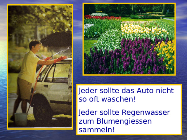 Jeder sollte das Auto nicht so oft waschen! Jeder sollte Regenwasser zum Blumengiessen sammeln!