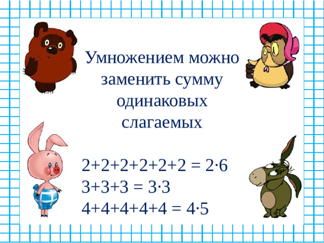 Умножением можно заменить сумму одинаковых слагаемых  2+2+2+2+2+2 = 2∙6  3+3+3 = 3∙3  4+4+4+4+4 = 4∙5
