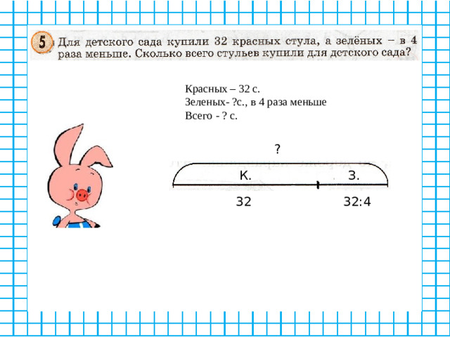 Красных – 32 с. Зеленых- ?с., в 4 раза меньше Всего - ? с. ? К. З. 32 32:4