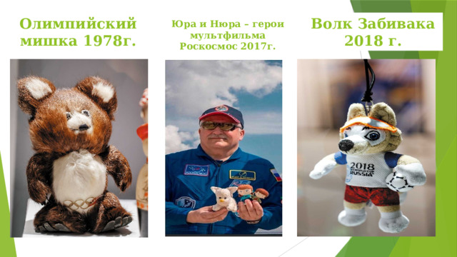 Волк Забивака Олимпийский  мишка 1978г. 2018 г. Юра и Нюра – герои мультфильма Роскосмос 2017г.