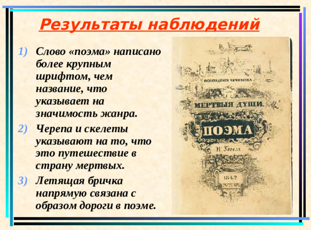 Результаты наблюдений Слово «поэма» написано более крупным шрифтом, чем название, что указывает на значимость жанра. Черепа и скелеты указывают на то, что это путешествие в страну мертвых. Летящая бричка напрямую связана с образом дороги в поэме.