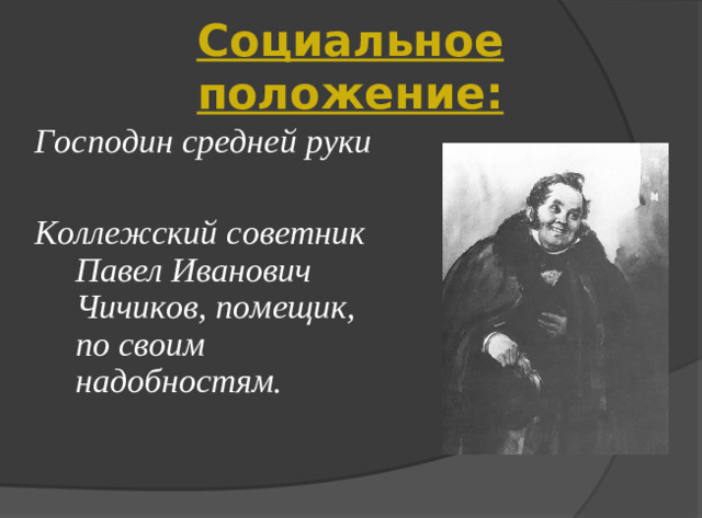 Социальное положение: Господин средней руки  Коллежский советник Павел Иванович Чичиков, помещик, по своим надобностям.