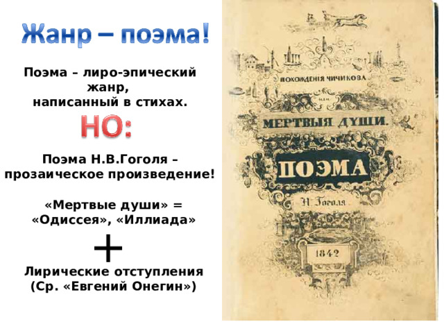 Поэма – лиро-эпический жанр, написанный в стихах. Поэма Н.В.Гоголя – прозаическое произведение! «Мертвые души» = «Одиссея», «Иллиада»  + Лирические отступления (Ср. «Евгений Онегин»)