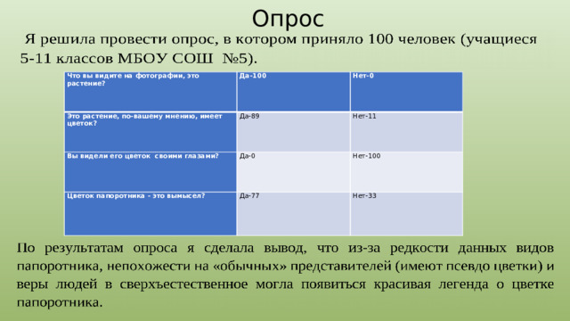 Опрос Что вы видите на фотографии, это растение? Да-100 Это растение, по-вашему мнению, имеет цветок? Нет-0 Да-89 Вы видели его цветок своими глазами? Да-0 Нет-11 Цветок папоротника - это вымысел? Нет-100 Да-77 Нет-33  