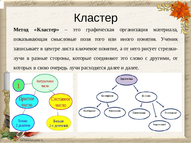 Кластер Метод «Кластер» – это графическая организация материала, показывающая смысловые поля того или иного понятия. Ученик записывает в центре листа ключевое понятие, а от него рисует стрелки-лучи в разные стороны, которые соединяют это слово с другими, от которых в свою очередь лучи расходятся далее и далее.