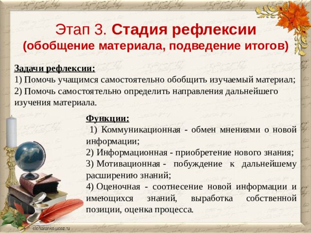 Этап 3. Стадия рефлексии  (обобщение материала, подведение итогов) Задачи рефлексии: 1) Помочь учащимся самостоятельно обобщить изучаемый материал; 2) Помочь самостоятельно определить направления дальнейшего изучения материала. Функции:  1) Коммуникационная - обмен мнениями о новой информации; 2) Информационная - приобретение нового знания; 3) Мотивационная - побуждение к дальнейшему расширению знаний; 4) Оценочная - соотнесение новой информации и имеющихся знаний, выработка собственной позиции, оценка процесса.
