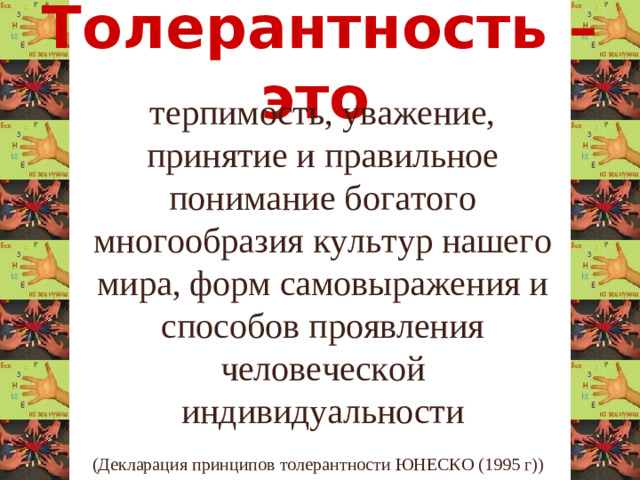 Толерантность – это  терпимость, уважение, принятие и правильное понимание богатого многообразия культур нашего мира, форм самовыражения и способов проявления человеческой индивидуальности (Декларация принципов толерантности ЮНЕСКО (1995 г))