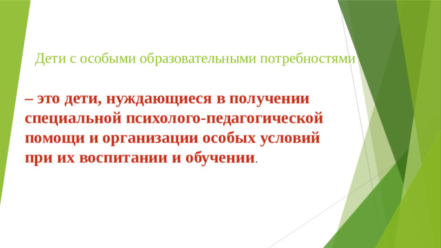 Дети с особыми образовательными потребностями – это дети, нуждающиеся в получении специальной психолого-педагогической помощи и организации особых условий при их воспитании и обучении .