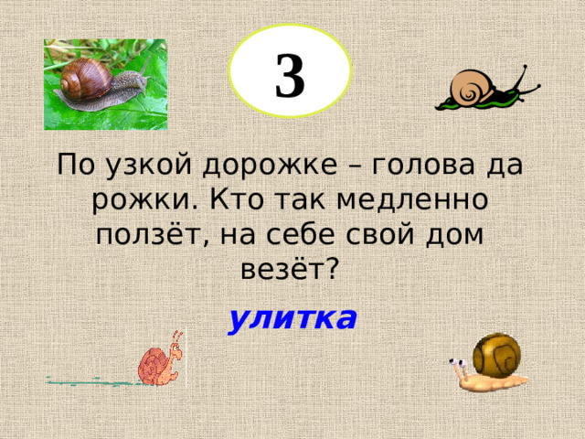3 По узкой дорожке – голова да рожки. Кто так медленно ползёт, на себе свой дом везёт? улитка