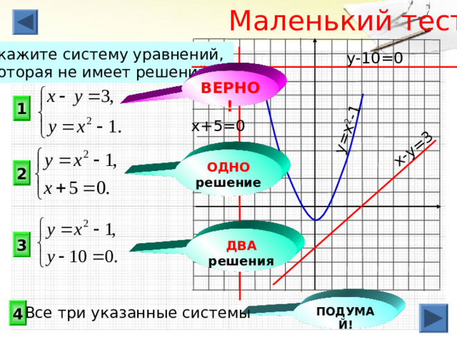 Маленький тест y=x 2 -1 x-y=3 Укажите систему уравнений, которая не имеет решений. y-10=0 ВЕРНО! 1 x+5=0 ОДНО решение 2 ДВА решения 3 ПОДУМАЙ! 4 Все три указанные системы