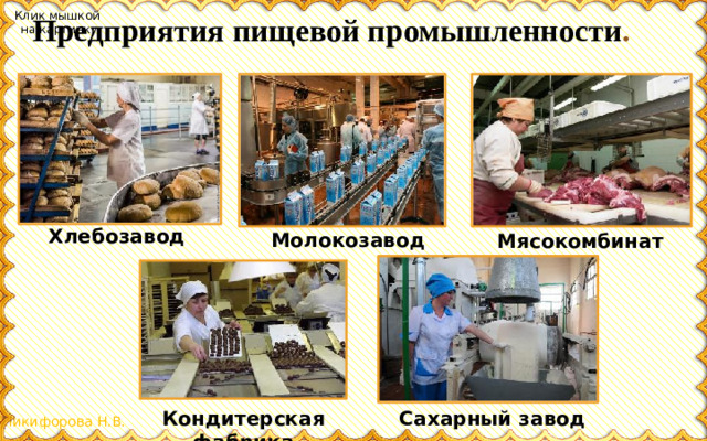 Клик мышкой на картинку Предприятия пищевой промышленности . Хлебозавод Молокозавод Мясокомбинат Сахарный завод Кондитерская фабрика