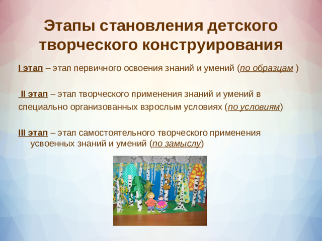 Этапы становления детского творческого конструирования I этап – этап первичного освоения знаний и умений ( по образцам )  II этап – этап творческого применения знаний и умений в специально организованных взрослым условиях ( по условиям ) III этап – этап самостоятельного творческого применения усвоенных знаний и умений ( по замыслу )