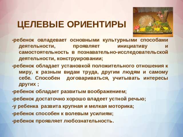 ЦЕЛЕВЫЕ ОРИЕНТИРЫ -ребенок овладевает основными культурными способами деятельности, проявляет инициативу и самостоятельность в познавательно-исследовательской деятельности, конструировании; -ребенок обладает установкой положительного отношения к миру, к разным видам труда, другим людям и самому себе. Способен договариваться, учитывать интересы других ; -ребенок обладает развитым воображением; -ребенок достаточно хорошо владеет устной речью; -у ребенка развита крупная и мелкая моторика; -ребенок способен к волевым усилиям; -ребенок проявляет любознательность.